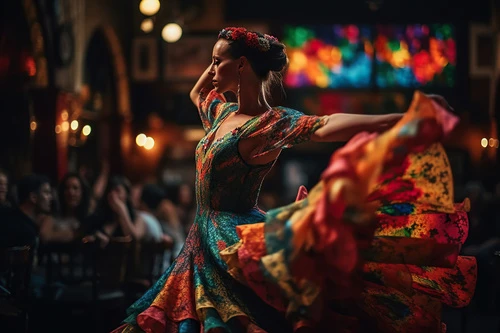 A passionate flamenco dancer is seen twirling and moving gracefully